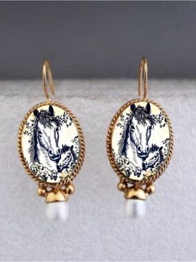 Gold-Tone Horse Portrait Dangle Earrings with Pearl Drop - Vintage Style